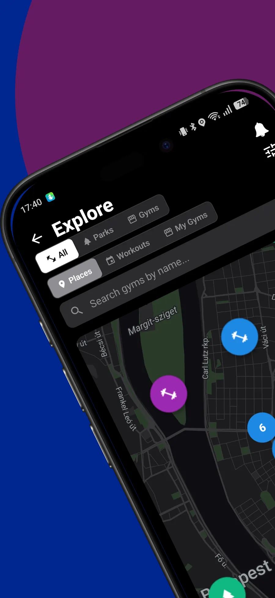 The explore map showing active gyms and workouts happening near you